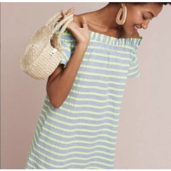 Anthropologie Corey Lynn Calter Womens Bayside Stripe Off The Shoulder Shift Dre - Picture 1 of 9